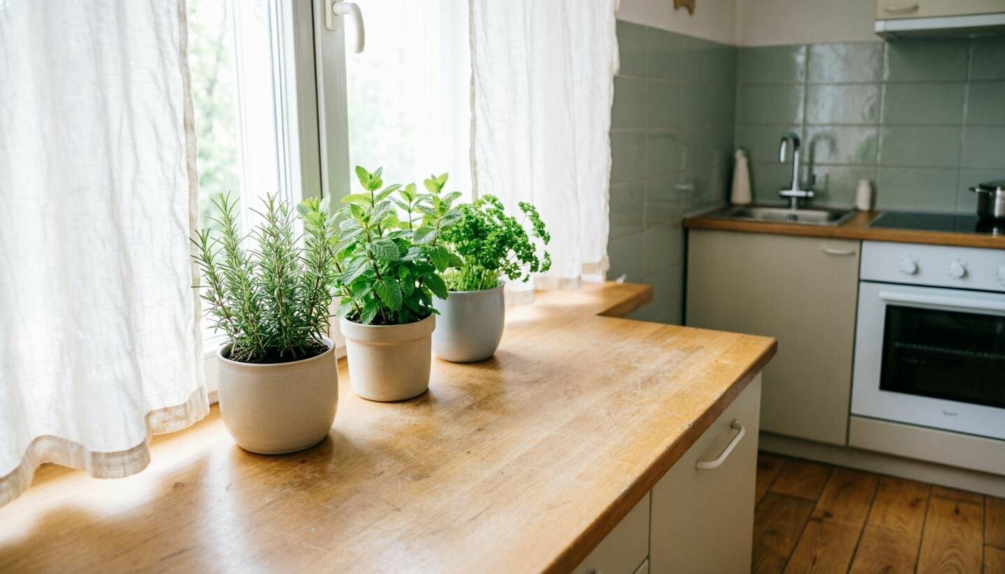 Короткие льняные шторы на кухонном окне в небольшой уютной кухне | Welwet.net Короткие льняные шторы на кухонном окне в небольшой уютной кухне | Welwet.net