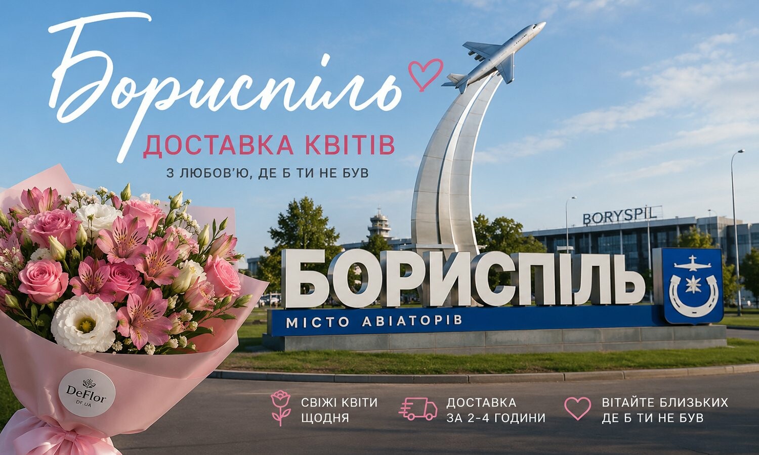 Доставка квітів у Борисполі - букет квітів на фоні стели міжнародного аеропорту