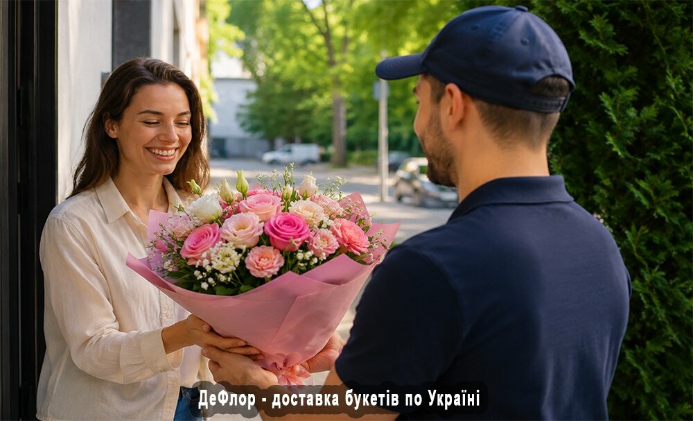 Кур’єр доставляє букет квітів дівчині у Борисполі